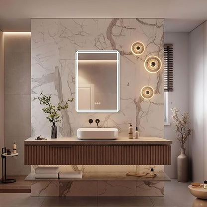 Buruis 16'' x 24'' Medicine Cabinet with Lights and Mirrors, Recessed or Wall Mounted Modern Bathroom Cabinet with 3-Mode Light, Anti-Fog, Dimmable, Memory Function, Outlet, Silver