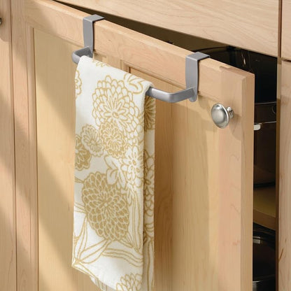mDesign Steel Metal Wire Over Cabinet Towel Rack Storage Organizer - Hang on Cabinet or Door - Towel Bar Holder for Kitchen - Holds Hand Towels, Washcloths - Spira Collection - Silver
