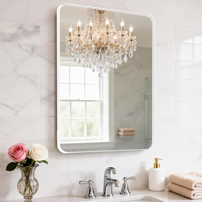 24" L x18 Bathroom Mirror Wall Mounted, Matte Aluminum Alloy Frame with Rounded Corners, Shatterproof Tempered Glass, Anti-Rust HD Vanity Mirror for Bathroom, Bedroom, Entryway (White)