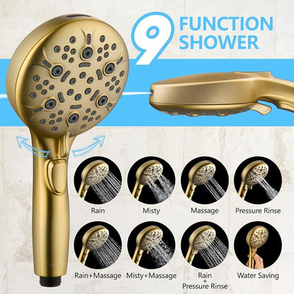 Shower Head with Handheld, 9-Setting High Pressure Shower head with handhelds, Built-in Handheld Power Spray, 79in Extra Long Stainless Steel Hose & Shower Head Holder (Golden)