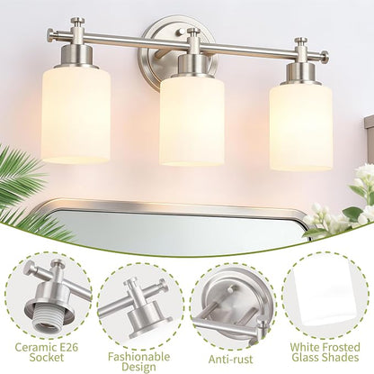 3-Light Bathroom Vanity Light Fixture, Brushed Nickel Bathroom Wall Sconce | 17.5 In Bathroom Vanity Light Fixture, Brushed Nickel Bathroom Wall Light over Mirror, Anti-Rust(Bulbs Not Included, E26)