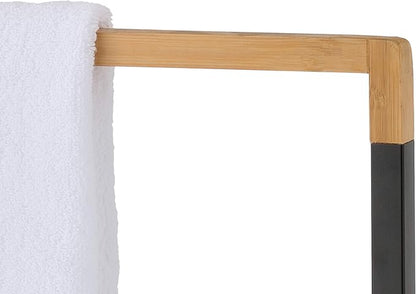 MyGift 33 Inch Free Standing Towel Rack for Bathroom, Freestanding Bath Towel Holder with 2 Tier Bamboo Wood Bar and Black Chrome Plated Metal, Drying Rack Stand Laundry