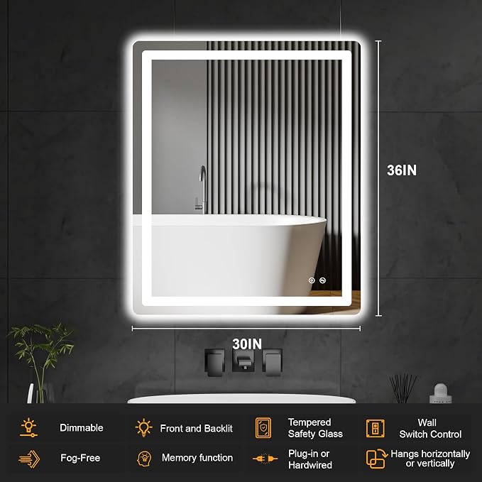 LED Bathroom Vanity Mirror with Lights, 36"x30" Lighted Wall Mirror | Front and Backlit, Anti Fog, Dimmable 3 Color Lighting, Memory Function, Shatterproof Glass, Plug in or Hardwired