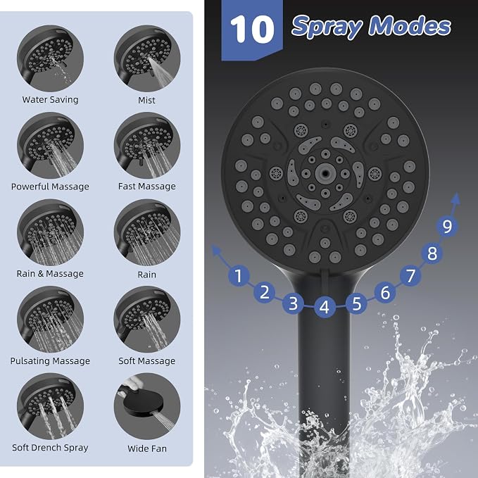 Hibbent 5-spray Filtered Rainfall Shower Head Combo, High Pressure 13'' Showerhead with 10 Spray Modes Handheld, All Metal 3 way Diverter Shower Arm, 71'' Hose and Holder, Matte Black