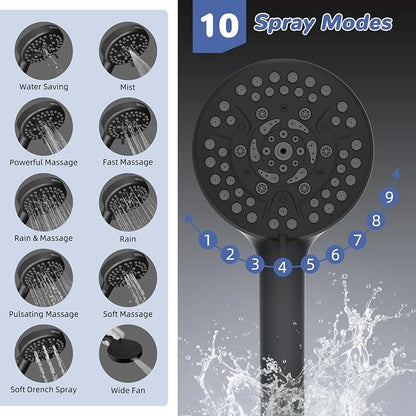 Hibbent 5-spray Filtered Rainfall Shower Head Combo, High Pressure 13'' Showerhead with 10 Spray Modes Handheld, All Metal 3 way Diverter Shower Arm, 71'' Hose and Holder, Matte Black