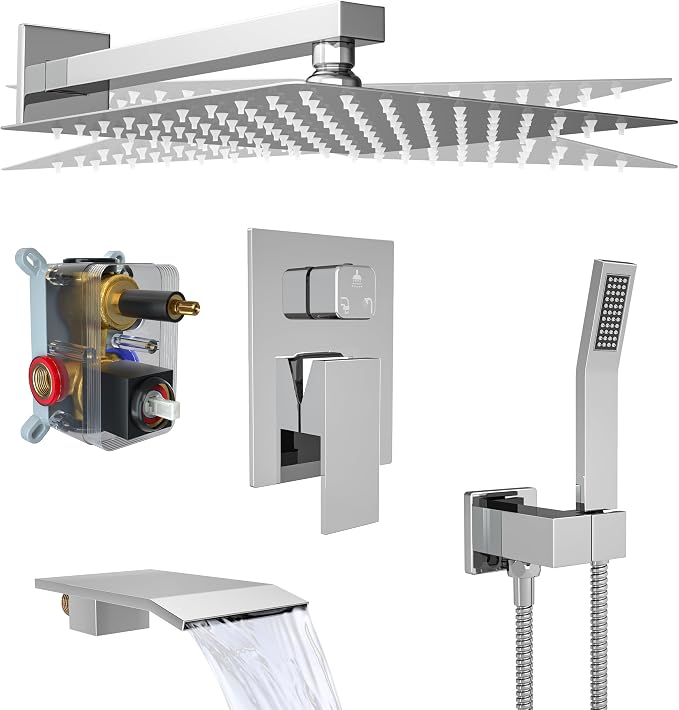 Chrome High Pressure Shower System Set with Tub Spout,10 inch | Safe Pressure Balance Valve Bathroom Shower Faucet Set with Handheld, All-Metal Water Saving Rainfall Shower Trim Kit