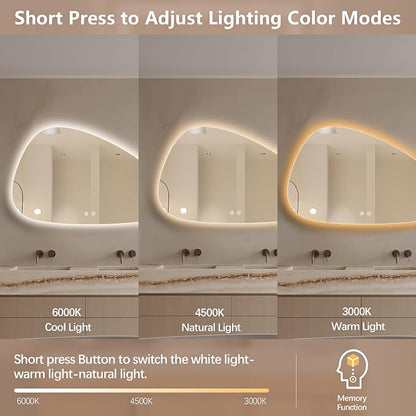 Niccy Irregular LED Bathroom Mirror, Frameless Backlit Wall Mirror, 30"x48" | Asymmetrica Lighted Mirror for Bedroom Living Room, Modern Smart-Mirror with 3 Color Lighting, Anti-Fog, Memory Function