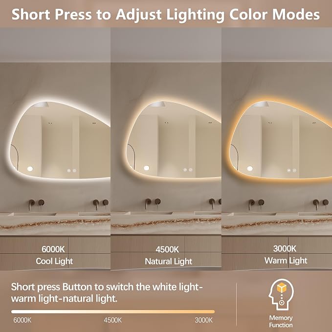 Niccy Irregular LED Bathroom Mirror, Frameless Backlit Wall Mirror, 24"x40" | Asymmetrica Lighted Mirror for Bedroom Living Room, Modern Smart-Mirror with 3 Color Lighting, Anti-Fog, Memory Function
