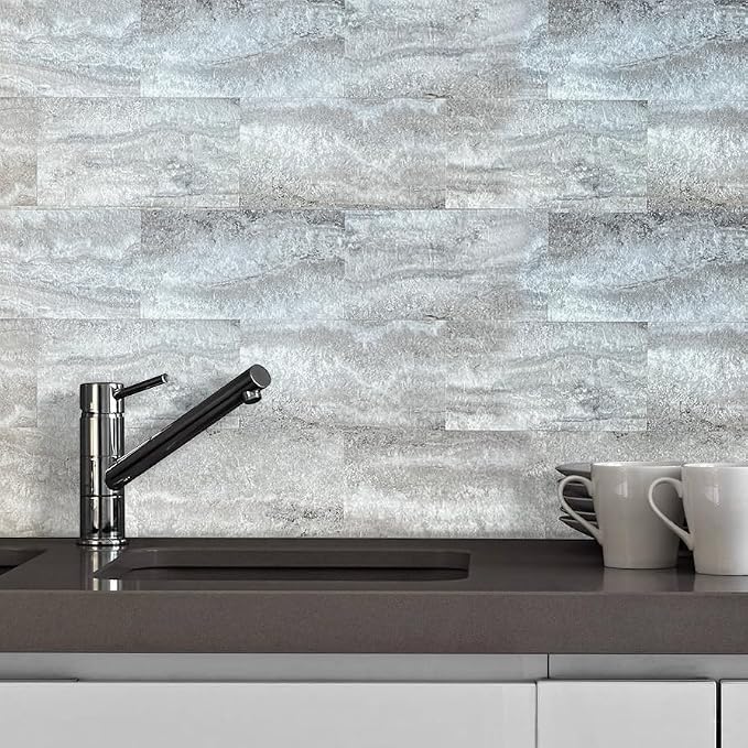 AULIGET 20-Piece Peel and Stick Backsplash Wall Tiles, 6" x 12" PVC Warm Grey Faux Stone Stick on Tiles for Backsplash Kitchen, Bathroom, Laundry Room, Camper, Fireplace