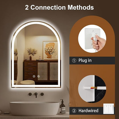 Arched LED Bathroom Mirror with Lights, 24" x 32" Lighted Vanity Mirror | Anti-Fog, Dimmable 3 Colors, Backlit + Frontlit, HD Shatterproof Tempered Glass, Memory Function