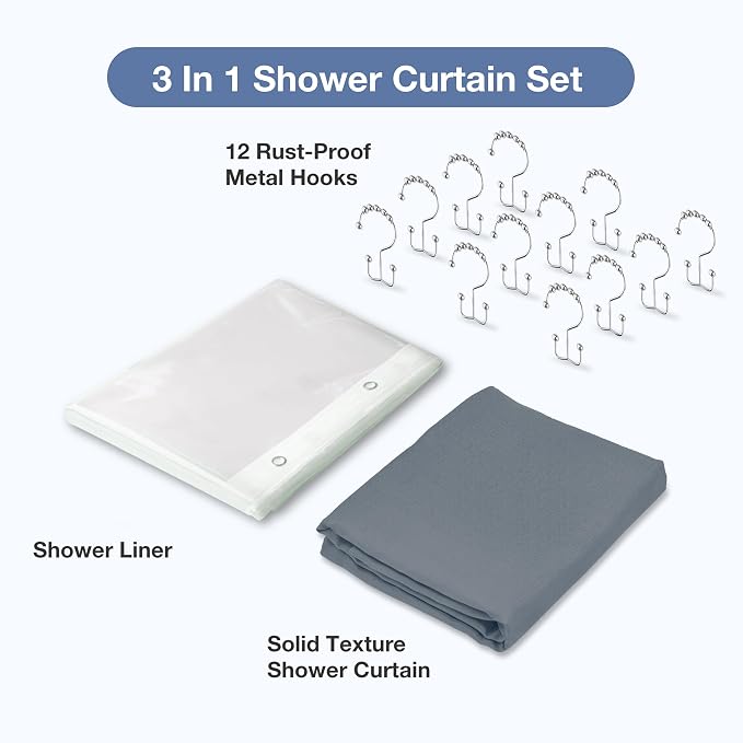 Shower Curtain and Liner, 3 in 1 Shower Curtain Set with 12 Double Sided Shower Curtain Hooks, Cloth Shower Curtains for Bathroom,Waterproof, Moonlight Blue 72 * 72