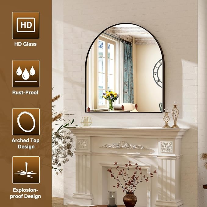 XRAMFY Arched Bathroom Mirror 32" x 34" for Bathroom Vanity Mirror or Wall Decor Black Arch Mirror Aluminum Alloy Frame Wall Mounted Mirror for Living Room Bedroom Entryway