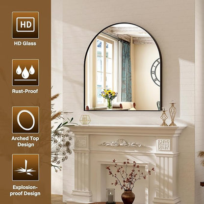 XRAMFY Arched Bathroom Mirror 32" x 34" for Bathroom Vanity Mirror or Wall Decor Black Arch Mirror Aluminum Alloy Frame Wall Mounted Mirror for Living Room Bedroom Entryway