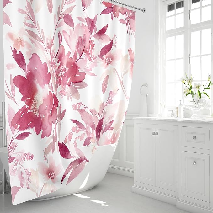 MAYZUS Pink Watercolor Floral Shower Curtains for Bathroom, Hot Pink, 72x72 | Modern Abstract Flower Decorative Fabric Shower Curtain Set with Hooks