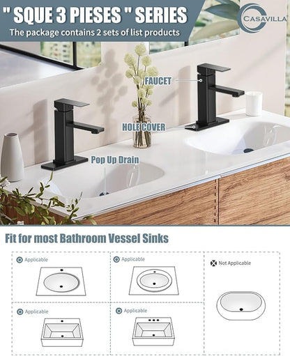 Bathroom Faucets Set with Pop Up Drain, Modern Single Handle Black Bathroom Sink Faucet w/Deck Plate(1 or 3 Hole), Farmhouse RV Vanity Sink Faucet-2 Sets, baño lavamanos Llave