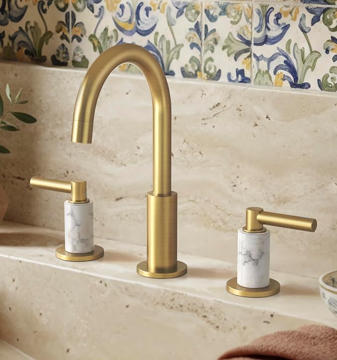 KES Natural Italian Carrara Marble Brushed Gold Bathroom Faucet 3 Hole with All Metal Pop Up Sink Drain, 8 Inch Widespread Bathroom Sink Faucet for Vanity, 360° Swivel Spout, 18/8 Stainless Steel