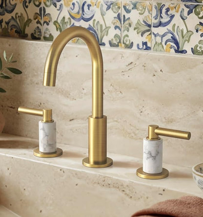KES Natural Italian Carrara Marble Brushed Gold Bathroom Faucet 3 Hole with All Metal Pop Up Sink Drain, 8 Inch Widespread Bathroom Sink Faucet for Vanity, 360° Swivel Spout, 18/8 Stainless Steel