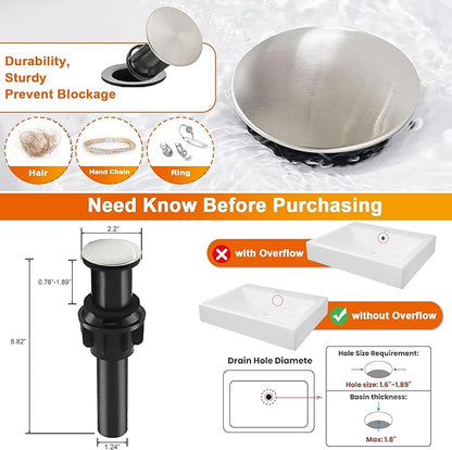 Brushed Nickel Bathroom Vessel Sink Faucet, Waterfall Vessel Faucet, Tall Body 1 Hole Single Handle with Pop Up Drain Without Overflow Combo Vanity Mixer Tap Basin Bowl Sink Silver