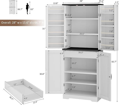 Shintenchi Kitchen Pantry Cabinet, Farmhouse Tall Cupboard Storage, White | Freestanding, with 8 Door Shelves, 2 Cabinets and 1 Drawer, for Kitchen, Living Room, Dining Room and Bathroom