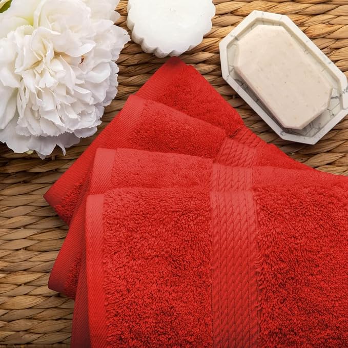 SUPERIOR Egyptian Cotton Plush & Absorbent, Hand Towel Set of 4, Red | Quick Dry, Soft Luxury Towel Set, Bath Essentials for Bathroom, Guest Bath, Spa, 4 Piece Set, Madeline Towels