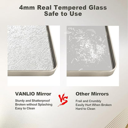 36x36 Inch Brushed Nickel Bathroom Mirror, Square Brushed Silver Metal Framed Wall Mirror, Rounded Corner Rectangle Modern Vanity Mirror, Tempered Glass, Anti-Rust, Shatterproof (Horizontal/Vertical)