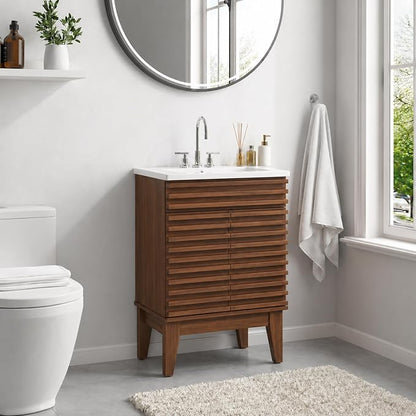 24 Inch Bathroom Vanity with Sink, Walnut Fluted Freestanding Bathroom Vanity Cabinet with Ceramic Sink Top, Solid Wood Legs, Soft Close Double Doors and Modern Storage Cabinet
