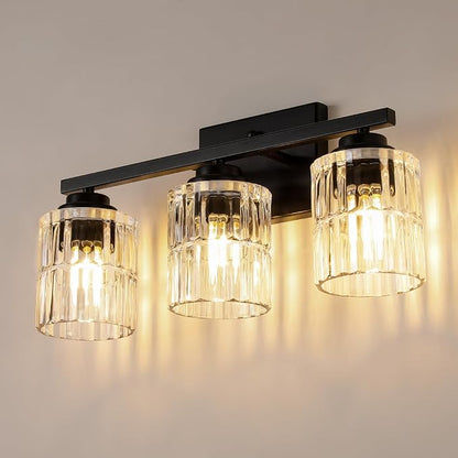 TALOYA Black 3-Light Bathroom Vanity Light with Fluted Cylinder Glass Shade | Modern Vanity Lighting Fixtures, Bathroom Lights Over Mirror, Wall Mount Mirror Light Fixtures for Bathroom Hallway Bedroom