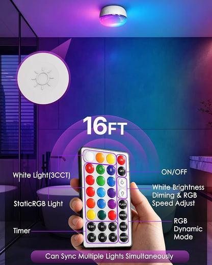 Rechargeable Shower Light, 4″ Round, 300LM Bright, 4000mAh Waterproof Shower Lamp with Remote, 15 RGB Colors & 3 CCT White, Dimmable Cordless LED Bathroom Light, Magnetic Mount Mood Lighting