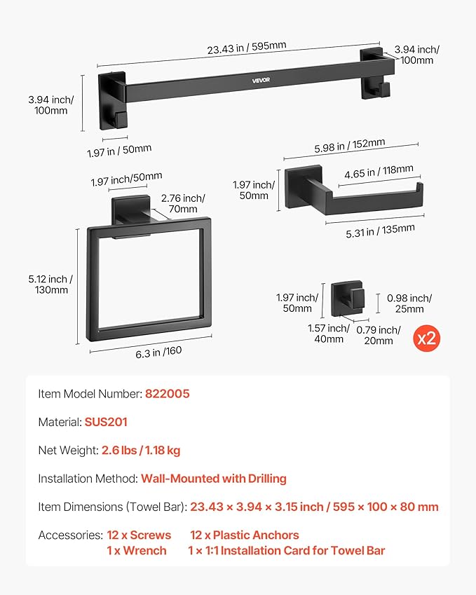 VEVOR Matte Black Bathroom Hardware Set, 5 Pieces Stainless Steel Bathroom Accessories Set, 24-inch Towel Bar, Towel Rack, 2 Robe Towel Hooks, Toilet Paper Holder, for Bath Room, Wall Mounted