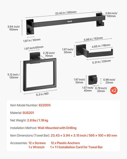 VEVOR Matte Black Bathroom Hardware Set, 5 Pieces Stainless Steel Bathroom Accessories Set, 24-inch Towel Bar, Towel Rack, 2 Robe Towel Hooks, Toilet Paper Holder, for Bath Room, Wall Mounted