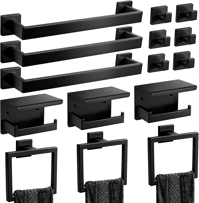 Matte Black Bathroom Hardware Accessories Set, Stainless Steel Towel Racks for Bathroom, 16 Inch Towel Bar, Towel Holders, Updated Toilet Paper Holder with Shelf Wall Mounted(15-Pieces)