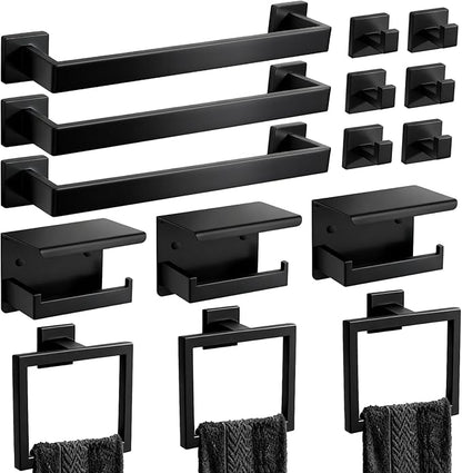 Matte Black Bathroom Hardware Accessories Set, Stainless Steel Towel Racks for Bathroom, 16 Inch Towel Bar, Towel Holders, Updated Toilet Paper Holder with Shelf Wall Mounted(15-Pieces)