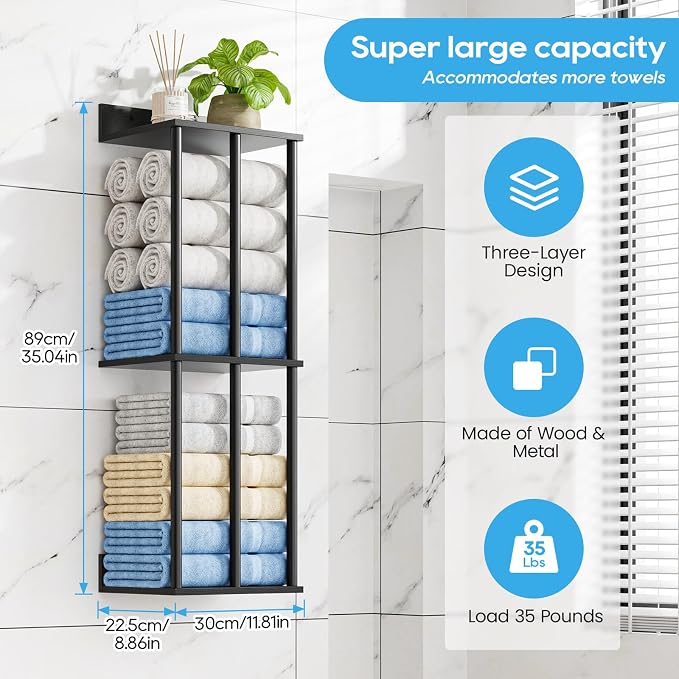 Towel Racks for Bathroom Wall Mounted with Wooden Storage Shelf | Updated 3 Bar Metal Towel Holder for Rolled Towels, Sturdy and Large Capacity, Towel Storage Organizer