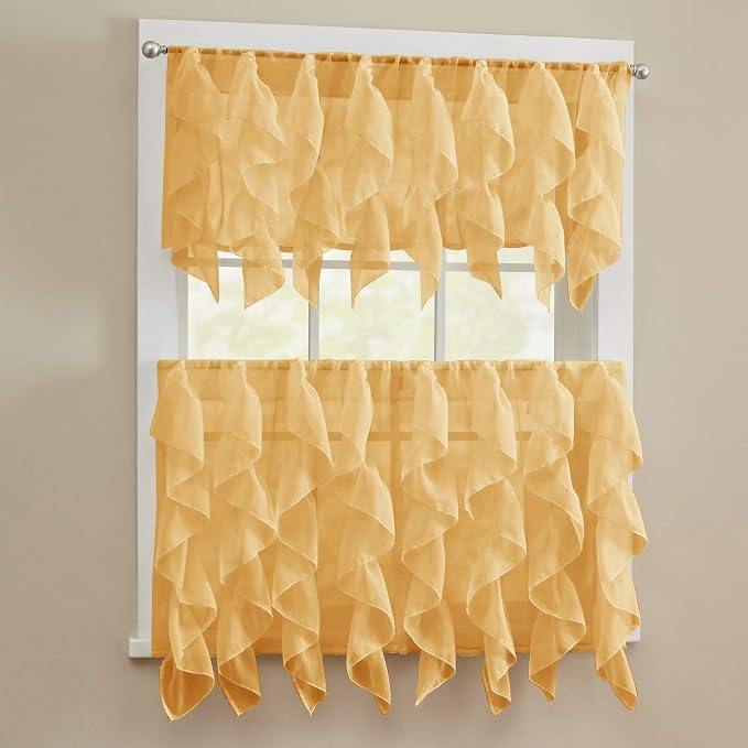 Sweet Home Collection 3 Piece Kitchen Curtain Set Sheet Vertical Cascading Waterfall Ruffle Includes Valance & Choice of 24" or 36" Teir Pair, Tier, Sheer Camel