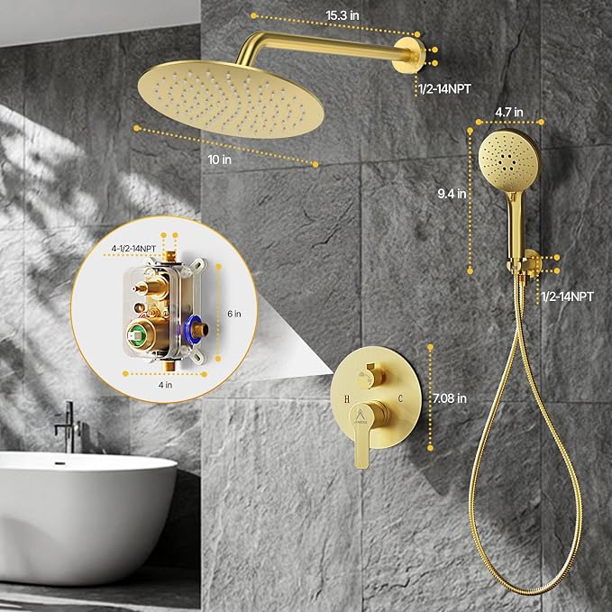 Shower Faucet Set Brass 10IN Rough-In Valve Body Trim Kit Rainfall Included Handle Accessories Complete 2 Functions with Rain Head and Handheld Bathroom Systems (10'', Brushed Gold)