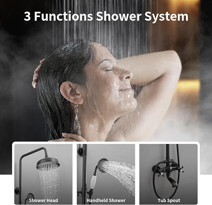 Outdoor Shower Features, Exposed Shower System Wall Mounted | 8 Inch Rain Shower Head Sprayers,Handheld Shower Head & Tub Spout,Solid Brass,Dual Handle,High Pressure,Matte Black