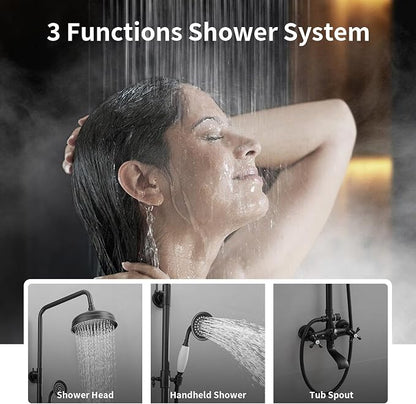 Outdoor Shower Features, Exposed Shower System Wall Mounted | 8 Inch Rain Shower Head Sprayers,Handheld Shower Head & Tub Spout,Solid Brass,Dual Handle,High Pressure,Matte Black