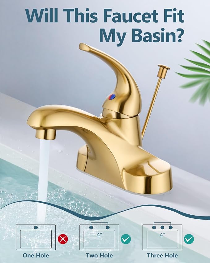 4-Inch Centerset Bathroom Sink Faucet with Drain, Brushed Gold | Single-Handle Vanity Faucet with Lift Rod Drain, 24-Inch Supply Lines, 1.2 GPM, 3-Hole Deck Mount, Easy Installation