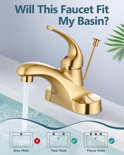 4-Inch Centerset Bathroom Sink Faucet with Drain, Brushed Gold | Single-Handle Vanity Faucet with Lift Rod Drain, 24-Inch Supply Lines, 1.2 GPM, 3-Hole Deck Mount, Easy Installation