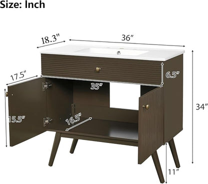 36 Inch Luxury Striped Dark Brown Vanity with Premium Ceramic Sink, Modern Bathroom Storage Cabinet with Soft-Close Dual-Door Storage, Freestanding Sink Vanity for Space Saving (Dark Brown, 36")
