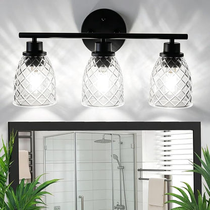 3-Light Vanity Light Over Mirror, Black Bathroom Light Fixtures | Modern Farmhouse Wall Lamp with Hammered Glass Lampshade for Kitchen Hallway Bedroom Living Room Cabinet Porch-18.1IN