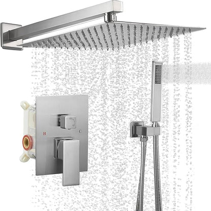 BWE Shower System Brushed Nickel 10 Inch Square Bathroom Luxury Rain Mixer Shower Combo Set Shower Kit Wall Mounted Rainfall Head Shower Faucet Rough-in Valve Body and Trim Included