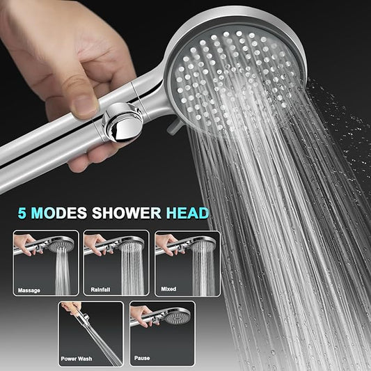 RV Shower Head with Hose, High Pressure 5 Mode Shower head Replacement, Showerheads for RV/Campers, Travel Trailer, Motorhome for Water Saving, Handheld Shower Head Holder and Hose, On Off Switch