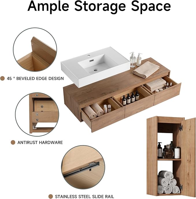 60 Inch Floating Bathroom Vanity with Single Sink, Modern Wall-Mounted Bathroom Cabinet with Resin Sink & Soft Close Drawer & Side Cabinet, Split-Level Layout (Nature Oak, 60"+1 Side Cabinet)