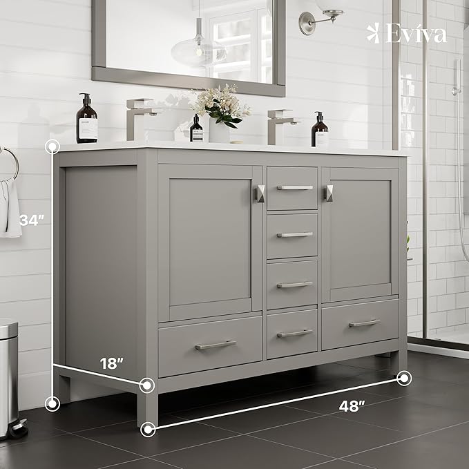 Eviva London 48 Inch Double Vanity - Grey Bathroom Vanity with Top and Sink - Undermount Porcelain Sink Combo - Quartz Countertop