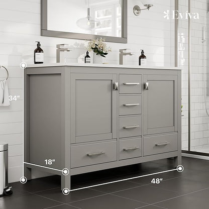 Eviva London 48 Inch Double Vanity - Grey Bathroom Vanity with Top and Sink - Undermount Porcelain Sink Combo - Quartz Countertop