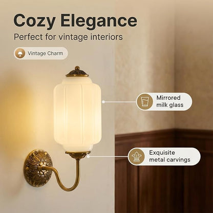 Vintage Milk Glass Wall Sconce Set of Two, H15" Hardwired White Bathroom Sconce with Gold Carved Metal, Antique Retro Wall Lamp for Bedroom, Living Room, Hallway, E12 Bulb, Warm Light (White 2Pack)