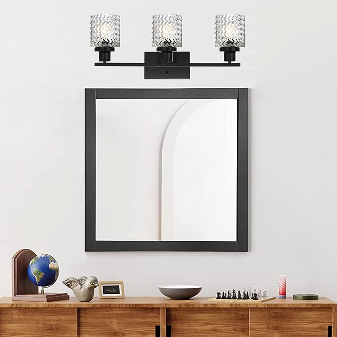 MELUCEE 3 Lights Modern Bathroom Light Fixtures Black Vanity Lights | Indoor Wall Mounted Light with Hammered Glass Shade Suitable for Bathroom Living Room Hallway
