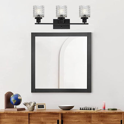 MELUCEE 3 Lights Modern Bathroom Light Fixtures Black Vanity Lights | Indoor Wall Mounted Light with Hammered Glass Shade Suitable for Bathroom Living Room Hallway