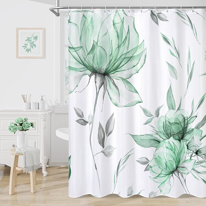 Litabel Extra Long Boho Watercolor Floral Shower Curtain 72 x 84, Mint Green Painting Style Flower Shower Curtains for Chic Elegant Bathroom, Artistic XL Modern Fabric Cloth Shower Curtain
